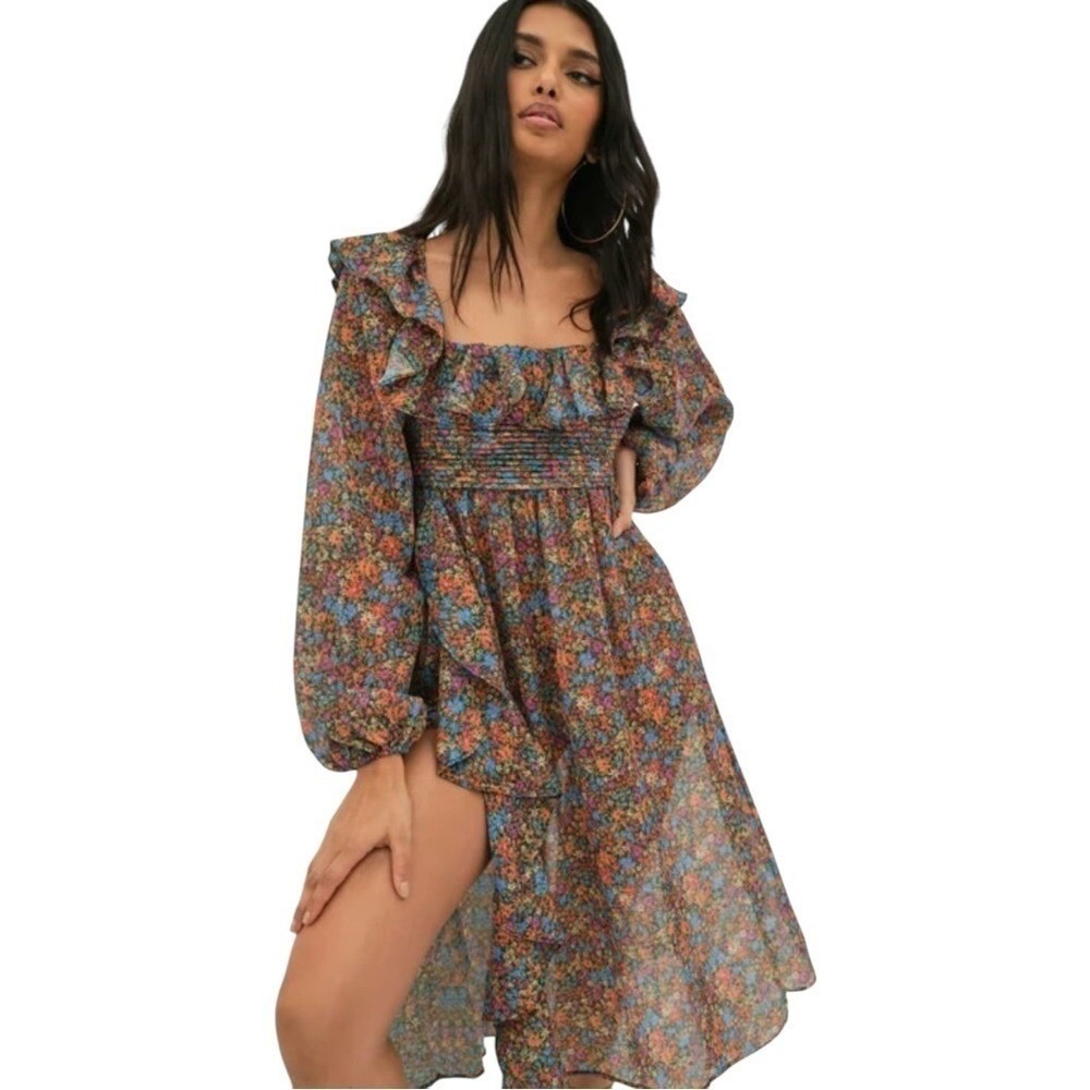 NWT For Love & Lemons Brittany Floral Sheer Ruffled MIDI Balloon Sleeve Dress XS - Picture 2 of 8